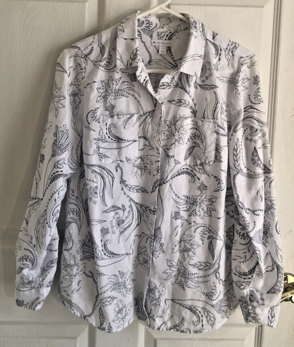 Linen shirt Womens SM button up white black Paisley floral Roll tab sleeve